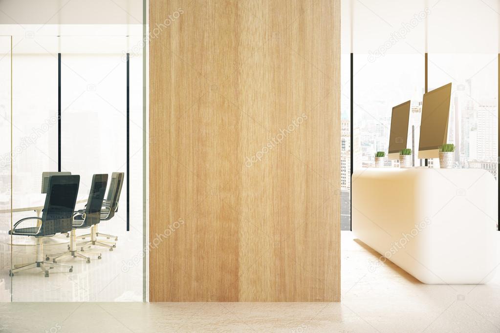 Office with blank wooden wall