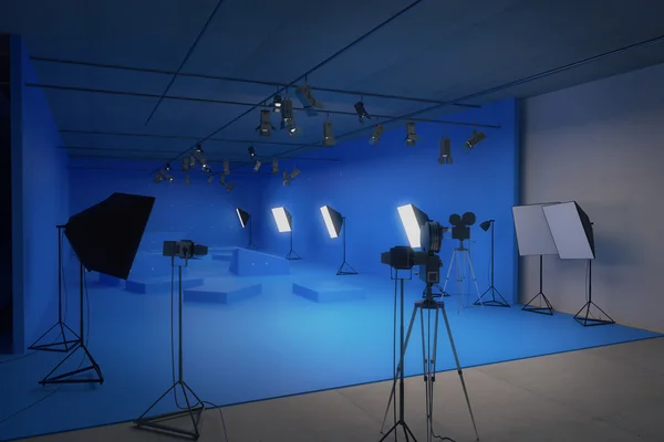 Moderno estudio de fotografía azul con viejas cámaras de cine. Renderizado 3D —  Fotos de Stock