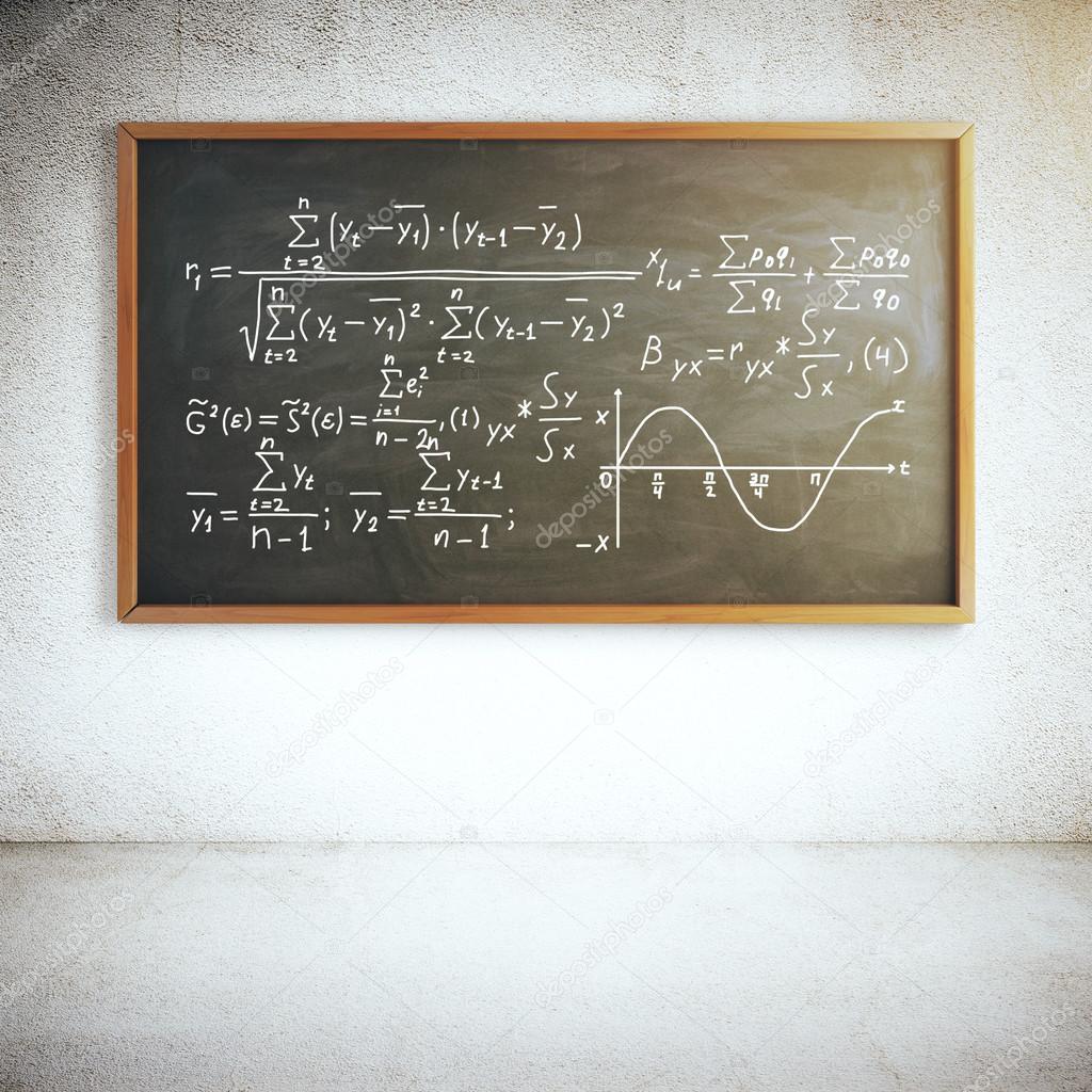 Chalkboard with mathematical formulas in concrete room. Education concept. 3D Rendering