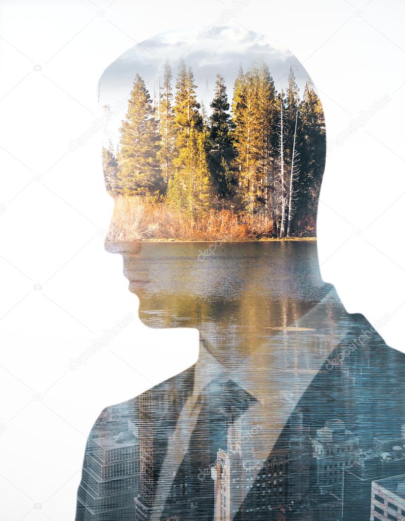 Businessman thinking about ecology on white background. Eco concept. Double exposure