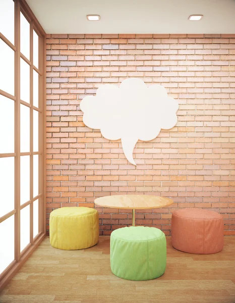 Rött tegel hipster interiör med litet soffbord, säten och abstrakt tanke moln på väggen. Sidovy, Mock up, 3d-Rendering — Stockfoto