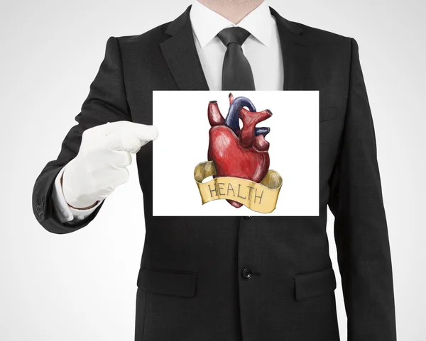 Posiadacze karty z serca szkic człowiek biznesu. Pojęcie zdrowia — Zdjęcie stockowe