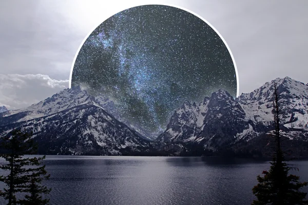 Image of landscape with lake, mountains and abstract space moon — Stock Photo, Image