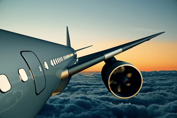 Uçağın içinde bulutlu gökyüzü kapatın. Seyahat kavramı. 3D render — Stok fotoğraf