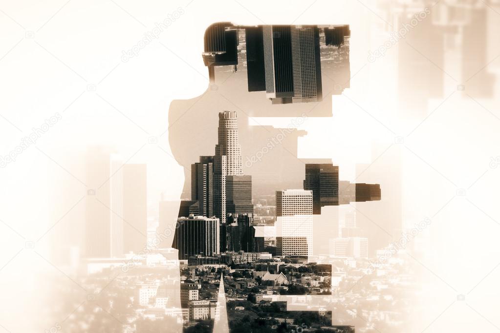 Man on abstract city background