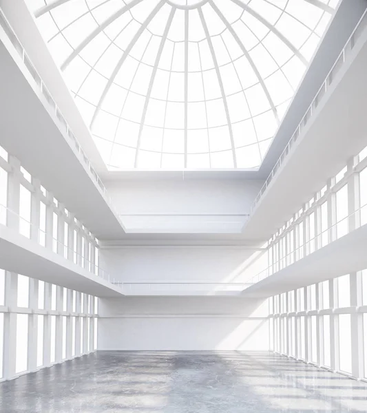Interior de hormigón espacioso sin amueblar con techo de vidrio redondo. Renderizado 3D — Foto de Stock