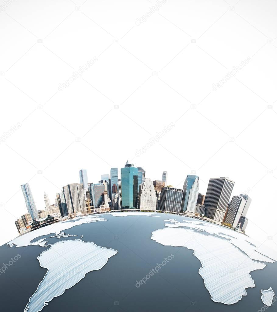 Abstract earth with cityscape on white background. Urbanization concept. 3D Rendering