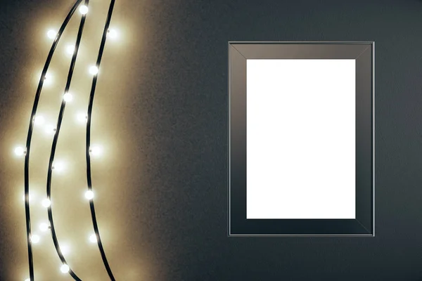 Dunkler Hintergrund mit Weihnachtsbeleuchtung und leerem Bilderrahmen. Attrappe. Ferienkonzept. 3D-Darstellung — Stockfoto