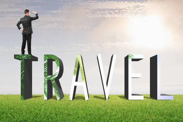 Abstract creative 'travel' text with businessman on grass and sky background. Traveling concept — Stock Photo, Image