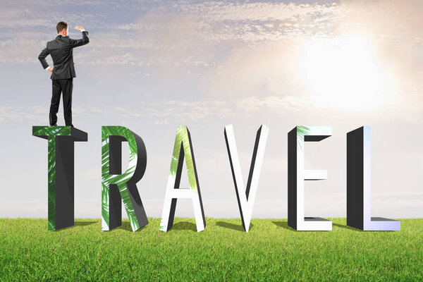 Abstract creative 'travel' text with businessman on grass and sky background. Traveling concept