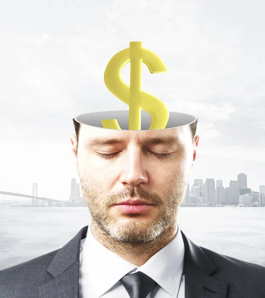 Portrait of handsome caucasian businessman with closed eyes and abstract dollar sign inside head on city background. Finance concept — Stock Photo, Image