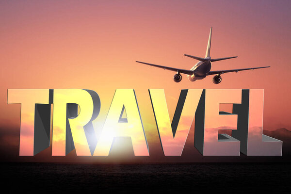 Abstract creative 'travel' text with plane on sky at sunset backgroung. Traveling concept
