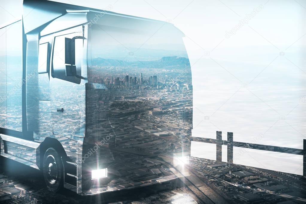 Abstract truck on city background. Cargo concept. Double exposure. 3D Rendering