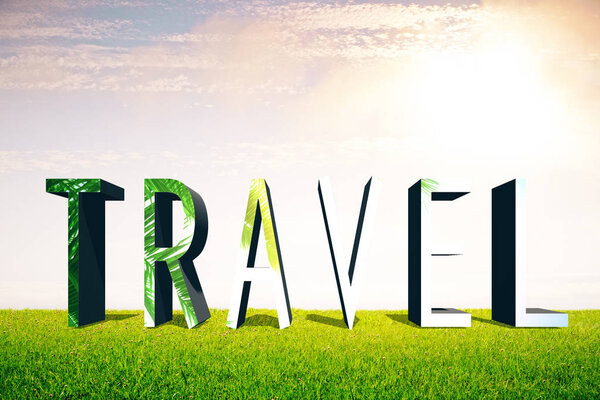 Abstract creative 'travel' text on grass and sky background. Traveling concept