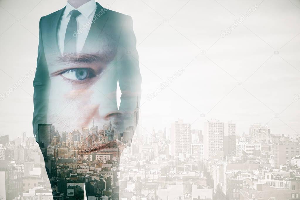 Thoughtful businessman's face and silhouette on city background. Research concept