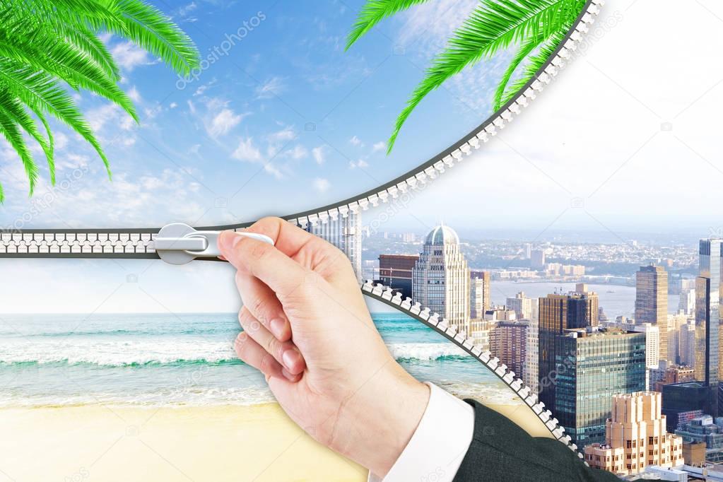 Abstract image of hand zipping city into beach. Holidays concept