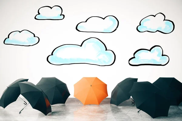 Συντάσσονται μπλε σύννεφα και πολύχρωμες ομπρέλες. Έννοιες ασφάλειας. 3D rendering — Φωτογραφία Αρχείου