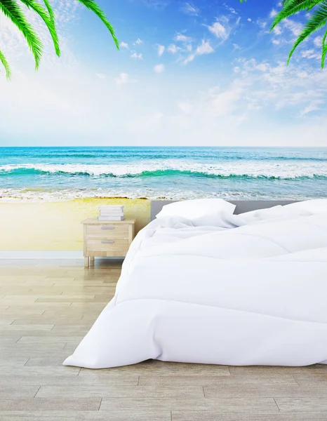 Hipster bedroom with beach picture — Stock Photo, Image