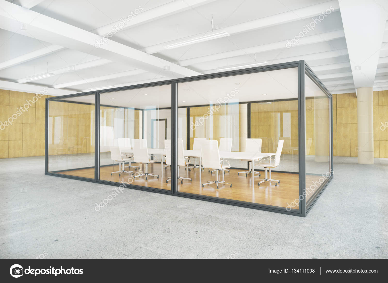 Modern conference room inside glass box contemporary business environment side view 3d rendering photo by peshkov