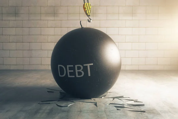 Koncept dluhu. Bourací kladivo s textem v cihlovým interiérem s nefunkční podlahou. 3D vykreslování — Stock fotografie