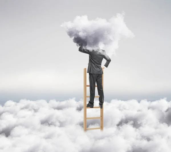 Cloud headed businessman on ladder looking into the distance on dull sky background. Research concept — Stock Photo, Image