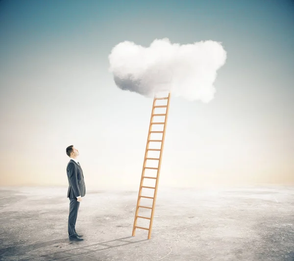 Geschäftsmann schaut auf Leiter, die zu flauschigen Wolken führt. Erfolgskonzept. 3D-Darstellung — Stockfoto