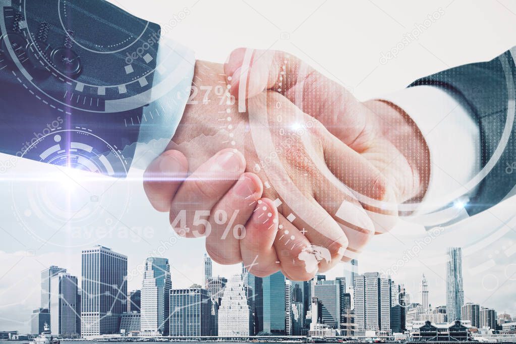 Close up of handshake on abstract city background with digital pattern. Double exposure. Business concept