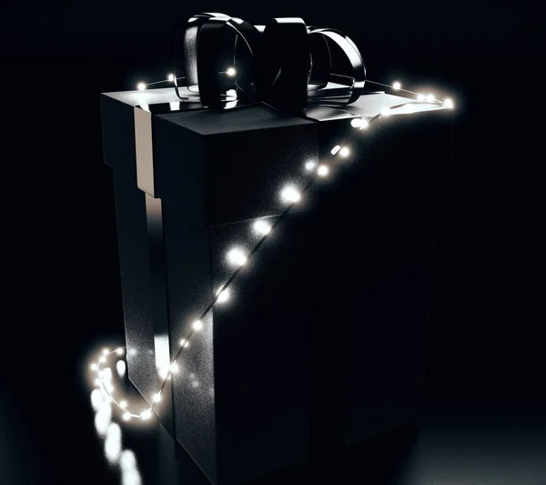 Boîte cadeau rétro-éclairée noire et lumières. Concept de Noël. Rendu 3D — Photo