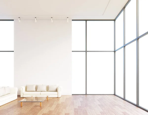 Lujoso sofá de cuero en la habitación con ventana en blanco. Renderizado 3D — Foto de Stock