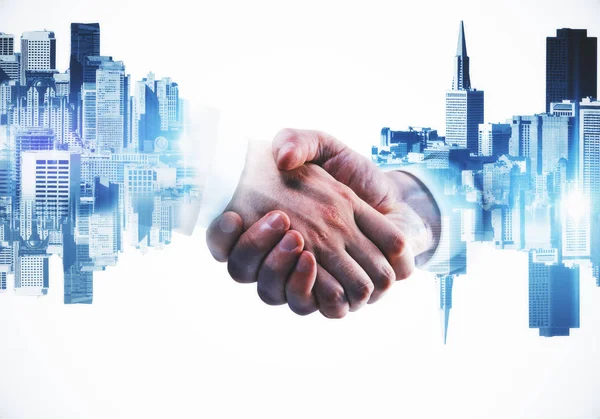 Businessmen shaking hands on abstract city background. Double exposure. Teamwork concept — Stock Photo, Image