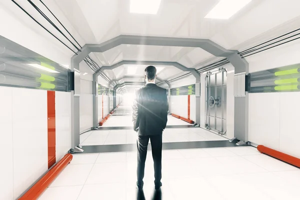 Nachdenklicher Geschäftsmann steht in abstraktem Licht im futuristischen Korridor-Interieur. 3D-Darstellung — Stockfoto