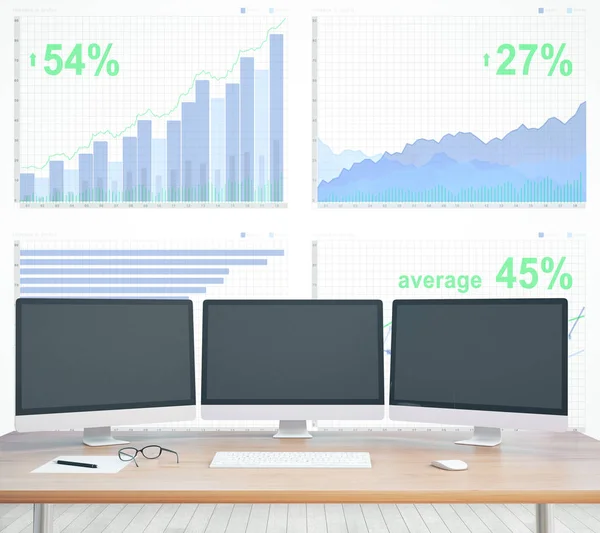 Töm dataskärmar på trä skrivbordet med affärsdiagram i bakgrunden. Mock up, 3d-Rendering. Finance koncept — Stockfoto