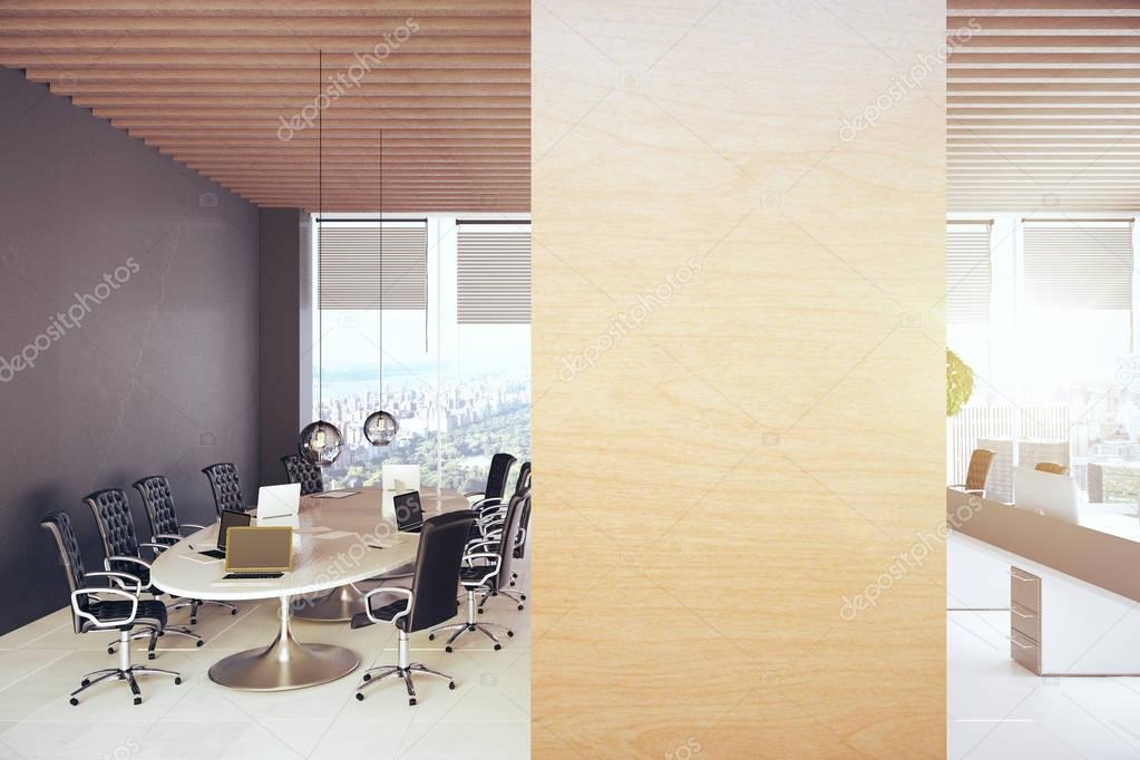 Conference room with wooden banner