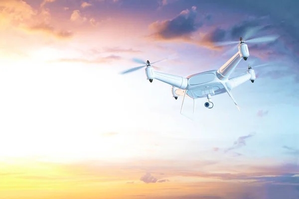 Zwevende drone met camera in heldere hemel. Toezicht concept. 3D-rendering — Stockfoto