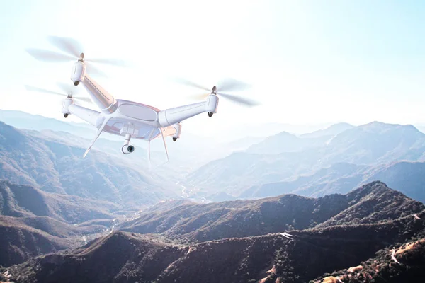 Zweven drone met camera in de hemel boven de bergen. Toezicht op concept. 3D-rendering — Stockfoto