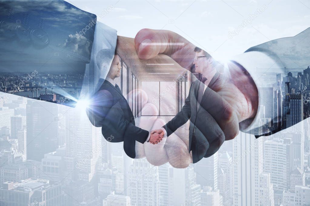 Handsome businessmen shaking hands on modern city background. Contract concept. Double exposure