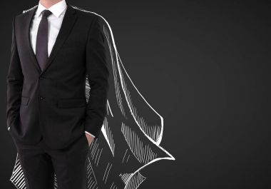 Businessman with drawn cape on dark background. Strength concept clipart