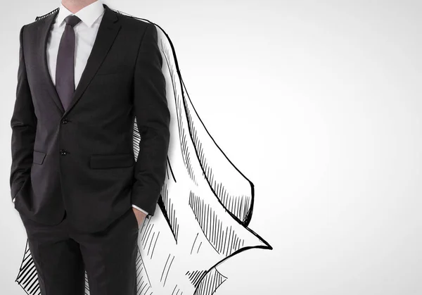 Homme d'affaires avec cape dessinée sur fond blanc. Concept de leadership — Photo