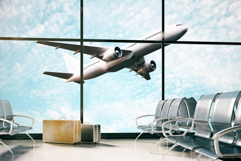 Airport interior with steel seats, luggage and panoramic sky view with flying by airplane. Transportation concept. 3D Rendering