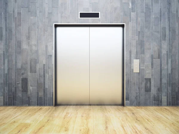 Серебряный лифт в чистом интерьере с темной дощатой стеной и деревянным полом. Концепция успеха. 3D рендеринг — стоковое фото