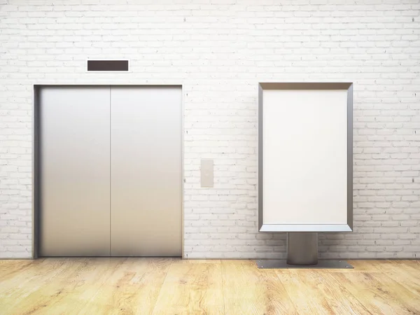 Светлый интерьер с серебряным лифтом и блондинкой рекламной стойкой. Концепция рекламы. 3D рендеринг — стоковое фото