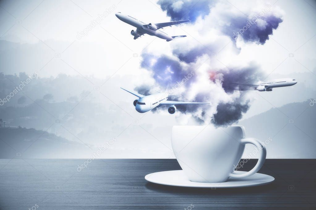Coffee cup with clouds and airplanes