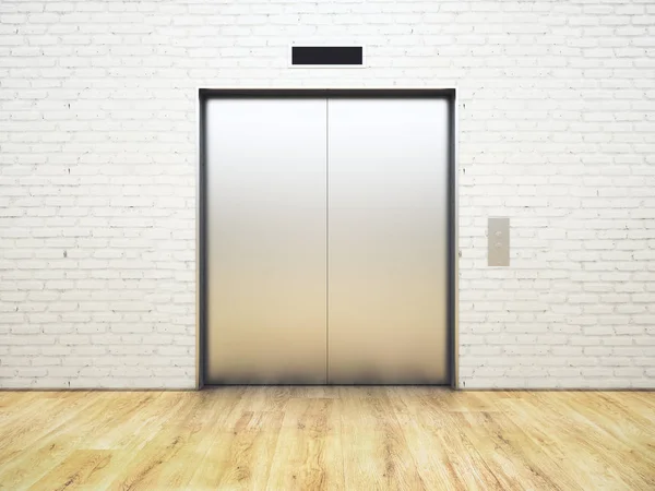 Silver elevator in clean interior with white brick wall and wooden floor. — Stock Photo, Image