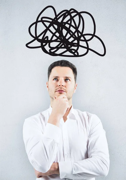 Portrait of thoughtful handsome businessman with abstract cloud scribble over head. Confusion concept — Stock Photo, Image