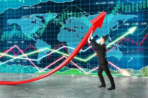 Üzletember gazdaság piros nyíl a háttér absztrakt forex chart. Pénzügy-koncepció — Stock Fotó