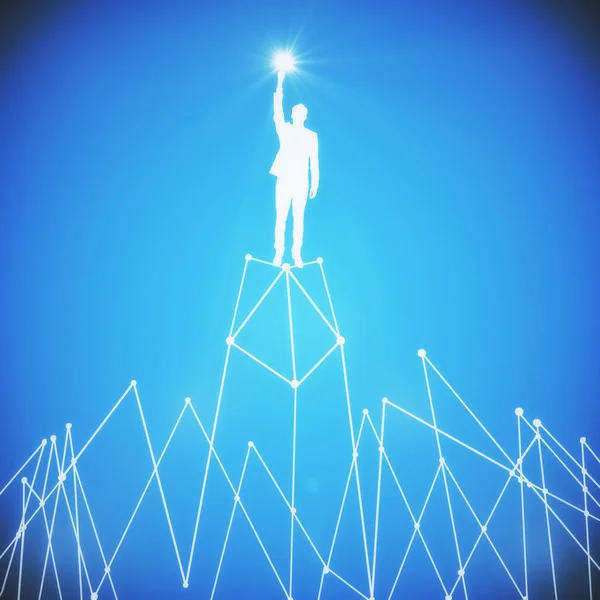 Abstracte witte man figuur met ster in de hand permanent op abstracte veelhoekige moountain. Leiderschap concept. Blauwe achtergrond. 3D-rendering — Stockfoto