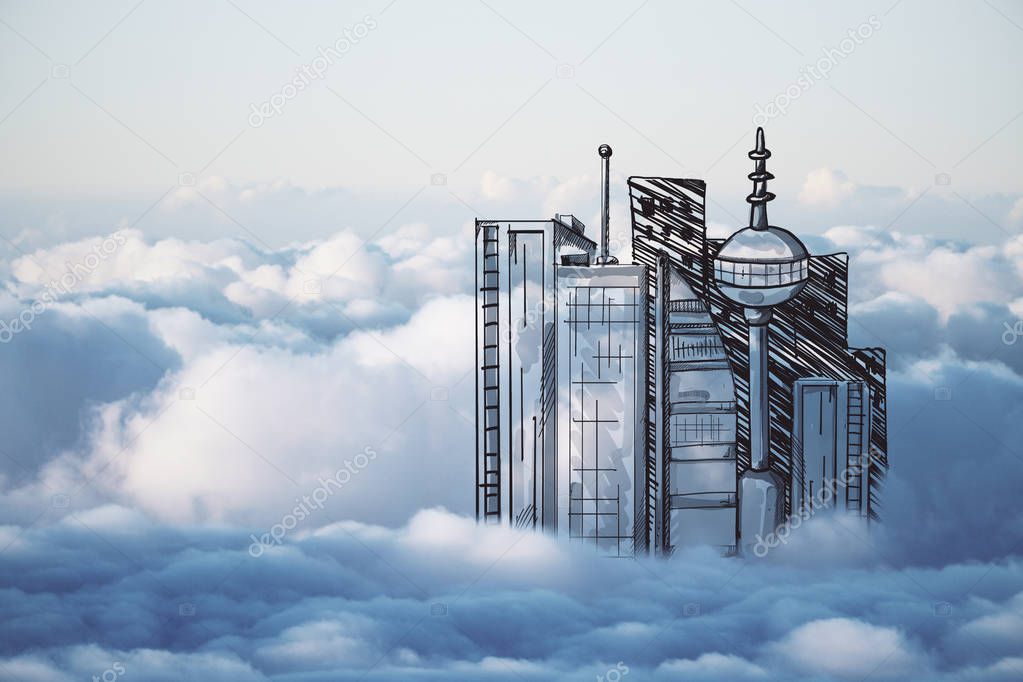 Abstract drawn city in cloudy sky. Urbanization concept
