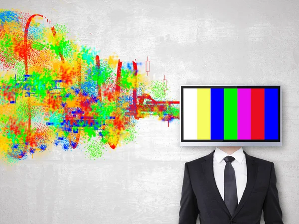 TV screen headed businessman on concrete background with colorful scribble. Creativity concept — Stock Photo, Image