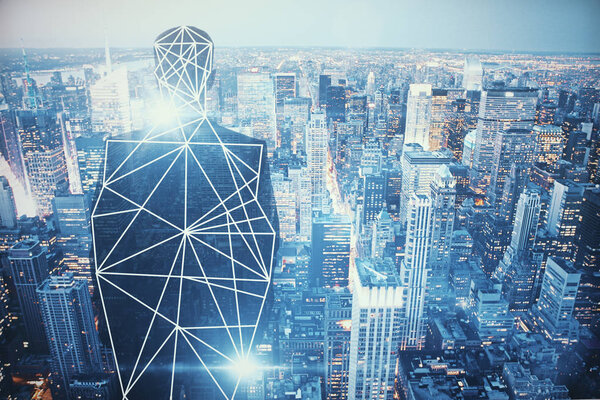 Back view of young businessman with polygonal pattern on abstract city background. Networking concept. Double exposure