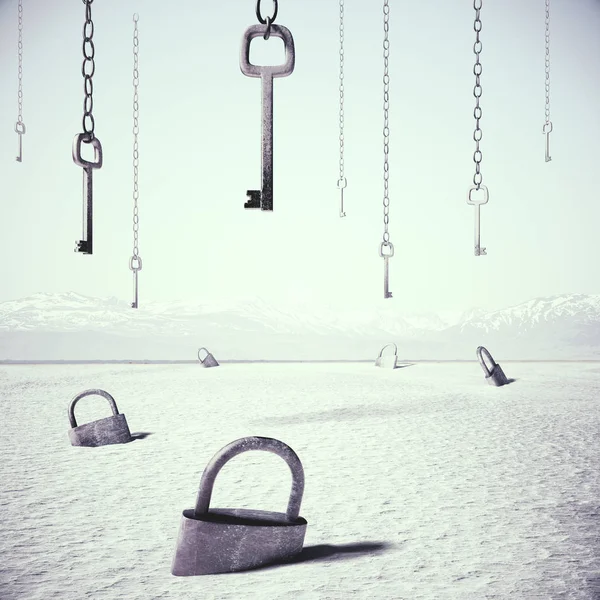 Astratto deserto bianco con chiavi serrature e chiavi. Concetto di accessibilità. Rendering 3D — Foto Stock